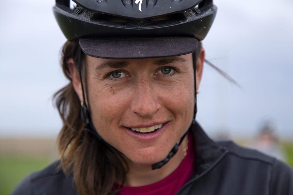 Closeup of Lael Wilcox during her 2019 ride to Kansas
